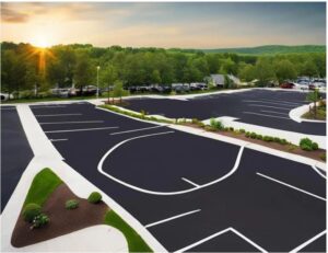Freshly paved commercial retail property lot with asphalt.