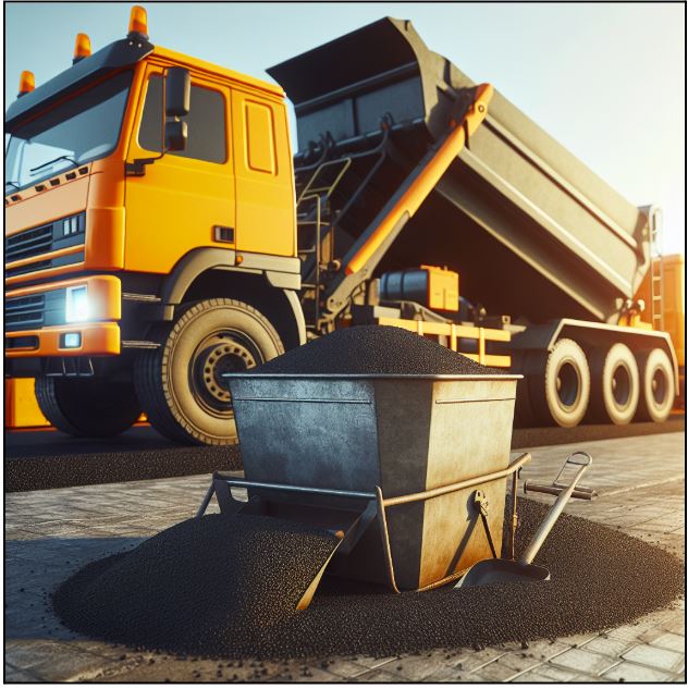 Large commercial truck and big bucket of asphalt.